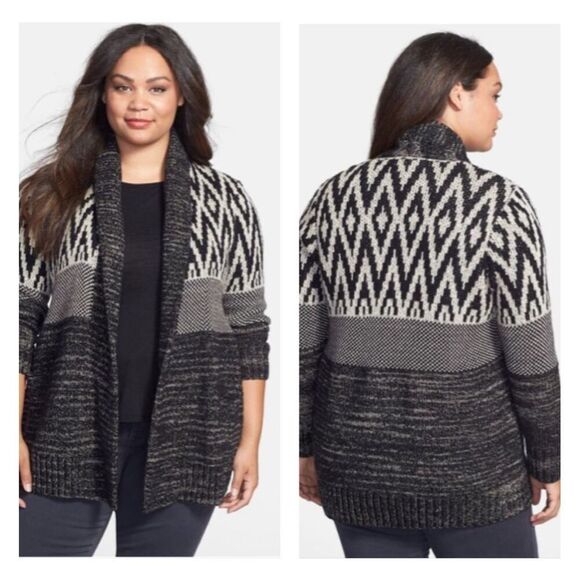 Lucky Brand Stargazer Chevron wool blend open long cardigan women’s M black gray - Picture 1 of 9